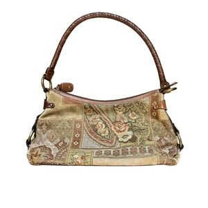 Fossil Brown Gold Red Tapestry Shoulder Purse Carpet Bag Boho Braided Handle Y2K